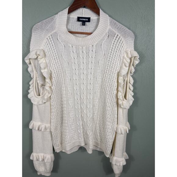 Express Pullover Sweater Women Size Medium Ivory Cold Shoulder Cable Knit Ruffle - Picture 9 of 11